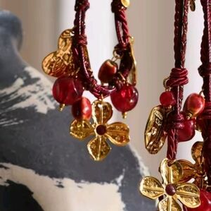 New 18k Gold Ss Desert Bloom Boho Charm Cord Necklace